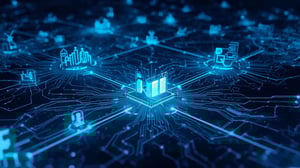 “Hero image digitale e tecnologica che mostra un ecosistema di networking professionale. Aziende e brand stilizzati al centro di una rete di connessioni digitali luminose, simbolo di visibilità, crescita e sponsorsh