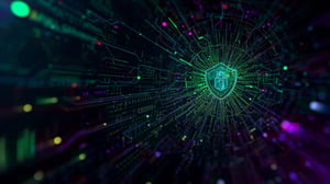 Immagine astratta ad alto impatto visivo, chiaramente ispirata al mondo della cyber security e della sicurezza informatica._Ambiente digitale futuristico con reti di dati, circuiti elettronici, flussi di informazio